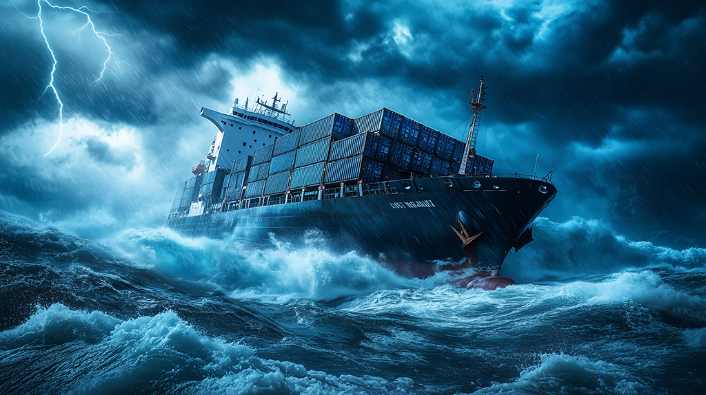 Containerschip in zware storm op zee met hoge golven en bliksem, waarbij containerverlies dreigt door extreem weer en ruwe zeecondities.