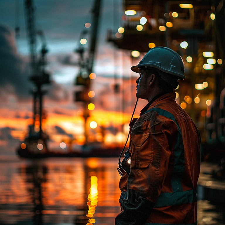 man-hard-hat-stands-front-ship-with-sun-setting-him